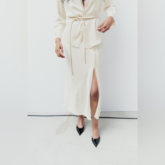 NWT Zara SET Cream Ecru Mixed Organza Satin Effect Blouse Skirt L XL - Picture 4 of 16